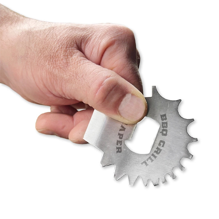 Metal BBQ grill scraper being used on a white background