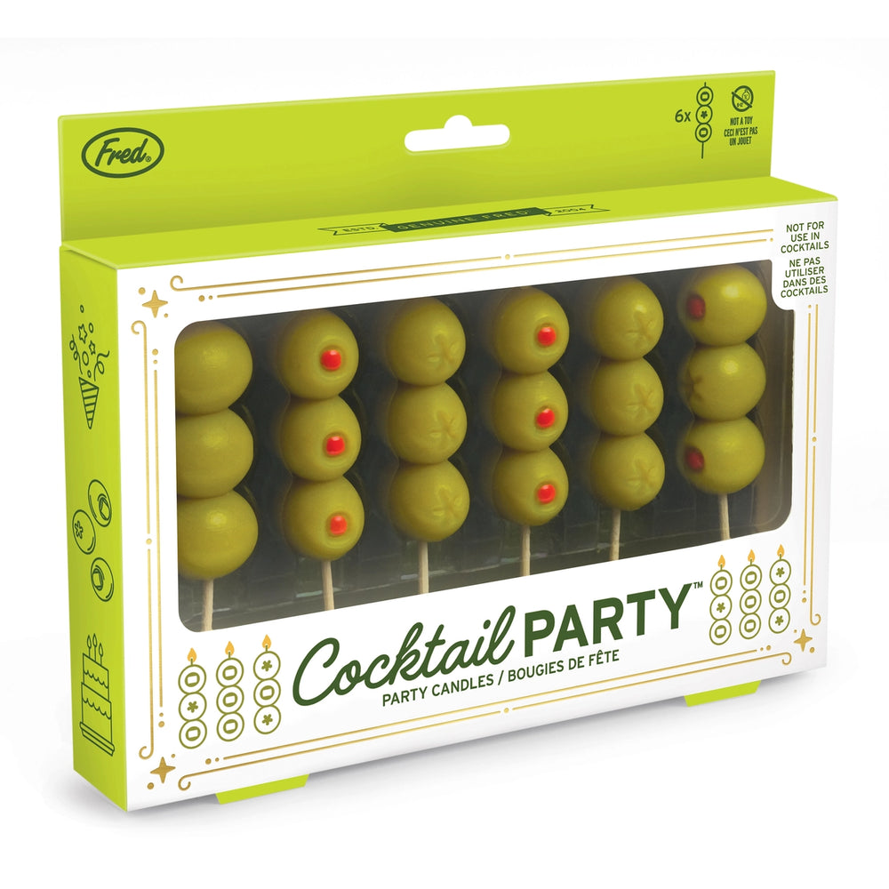 Packaging of candles that look like stacked cocktail olives on a toothpick