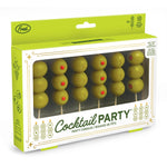 Packaging of candles that look like stacked cocktail olives on a toothpick