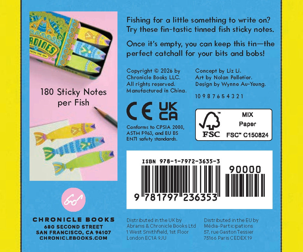 Back cover of a sardine sticky notes packaging with colorful fish-shaped sticky notes and branding details.