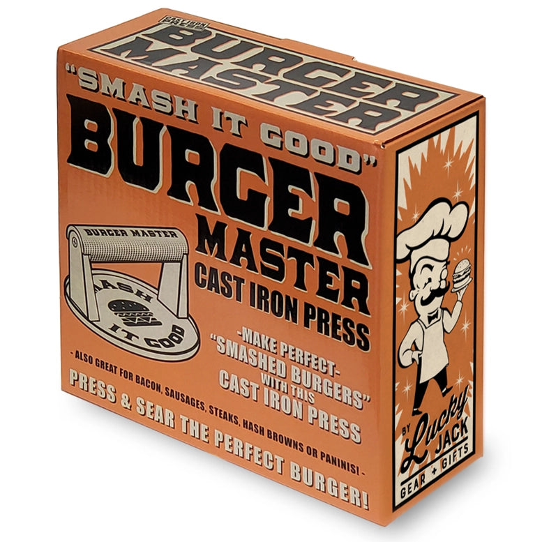 Burger Master cast iron press packaging with vintage design elements.