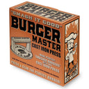 Burger Master cast iron press packaging with vintage design elements.