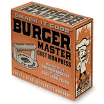 Burger Master cast iron press packaging with vintage design elements.